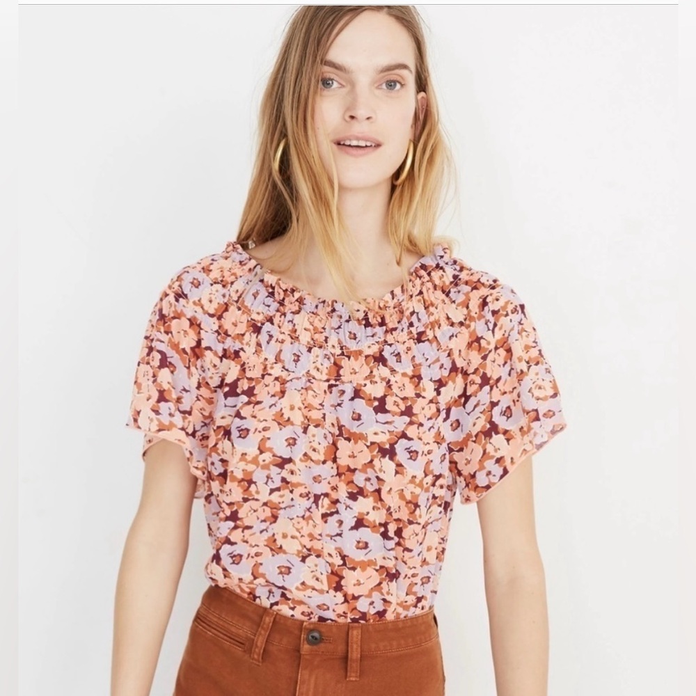 Madewell Smocked Mockneck Off the Shoulder Top in Floral Breeze Size XXS